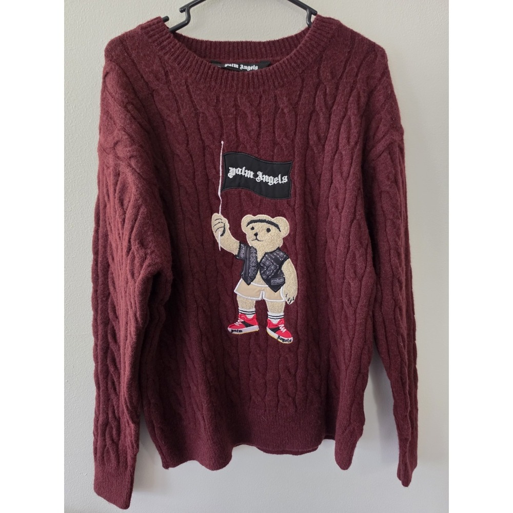 Palm Angels Pirate Teddy Bear Cable Knit 100% Cotton Sweater Size MBurgundy